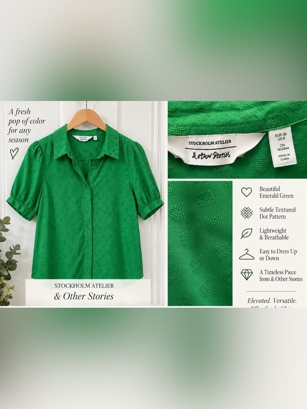 & Other Stories Emerald Green Short Sleeve Button-Down Shirt